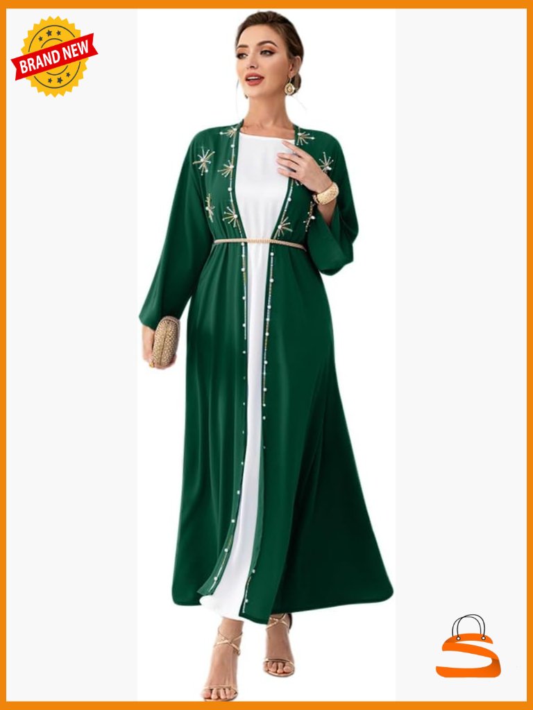 Open Front Maxi Kaftan Dress With Belt Rhinestone Applique Muslim Abaya Cardigan